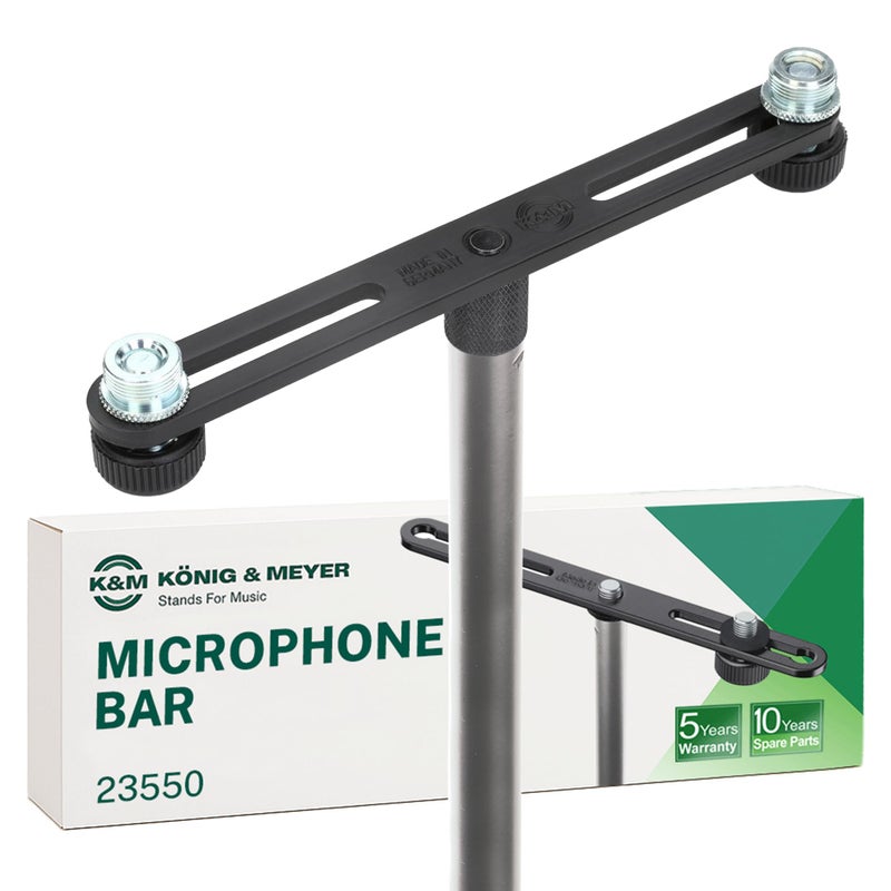 KM K&M كونيغ & ماير 23550.500.55 حامل ميكروفون | ضبط موضع قابل للتعديل لميكروفونين أو ذراعين | موصل قاعدة خيط 5/8 بوصة | خيار احترافي صنع في ألمانيا أسود - Image 1